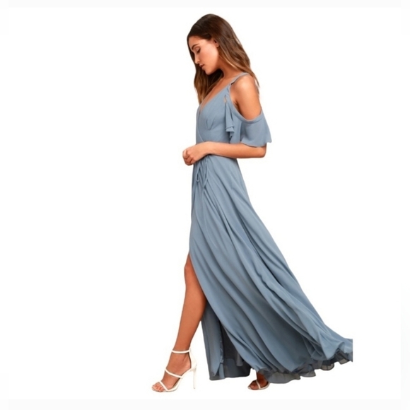 Lulu’s Easy Listening Slate Blue Cold-Shoulder Wrap Maxi Dress Size XL - Picture 4 of 9